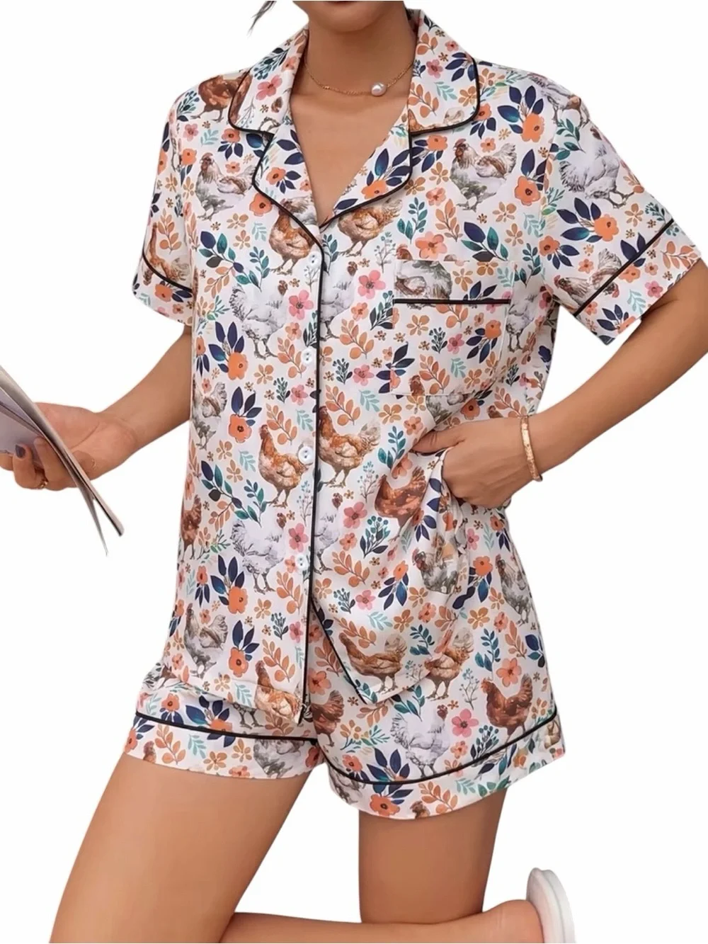 Cottagecore Chicken Print Pajama Set • NWT Cozy Farmhouse Short PJ Set L